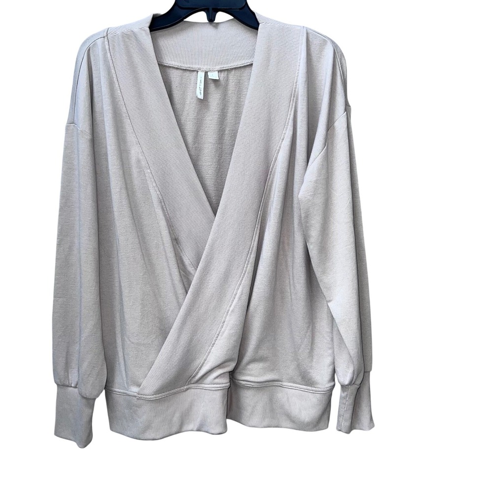 Live Well Lifestyle Womens Large Wrap Front Surplice Sweatshirt Taupe Ribbed EUC